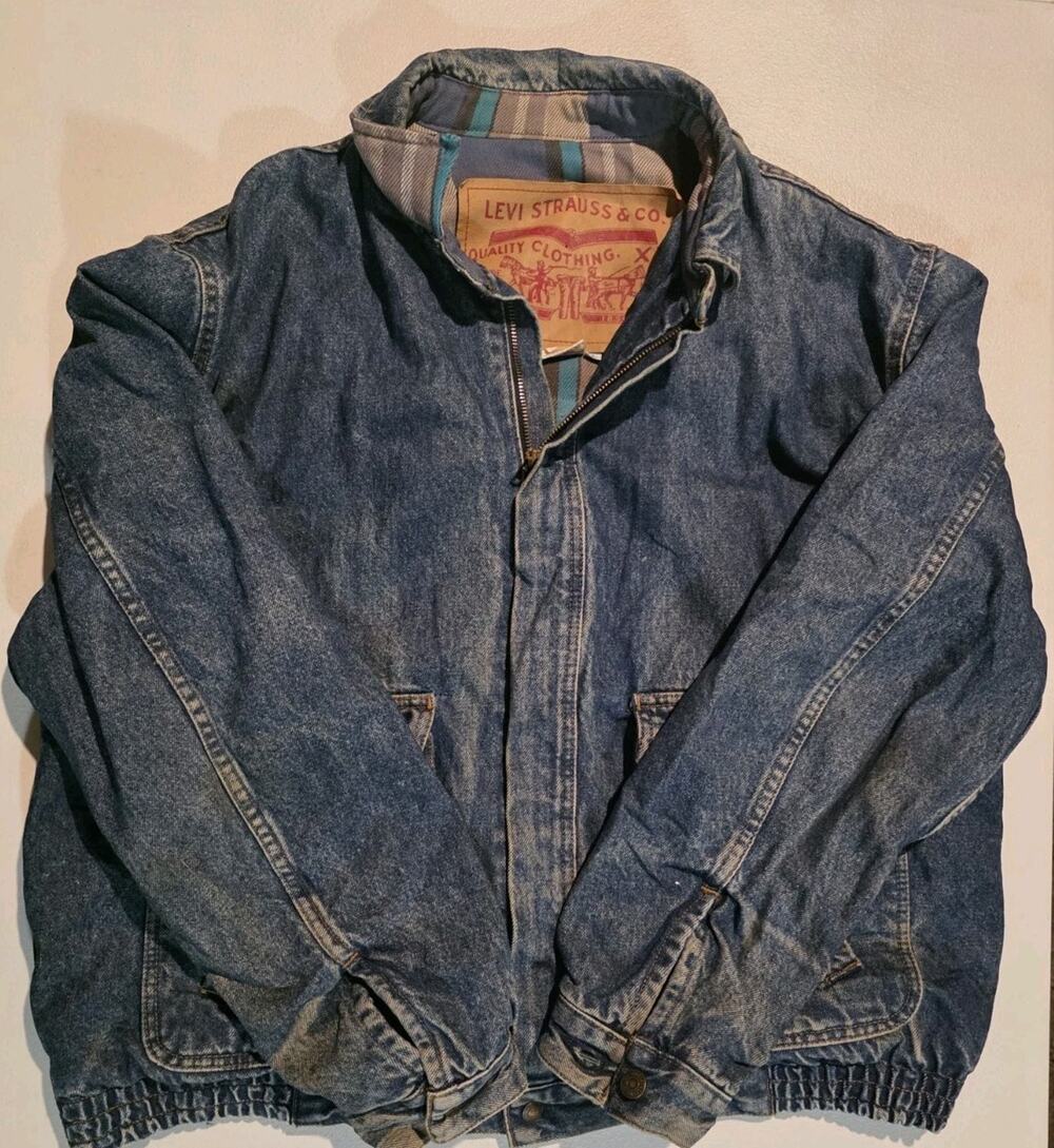 VTG Levi's Plaid Lined Blue Denim Jean Jacket Elastic Bomber 90s Mens XL